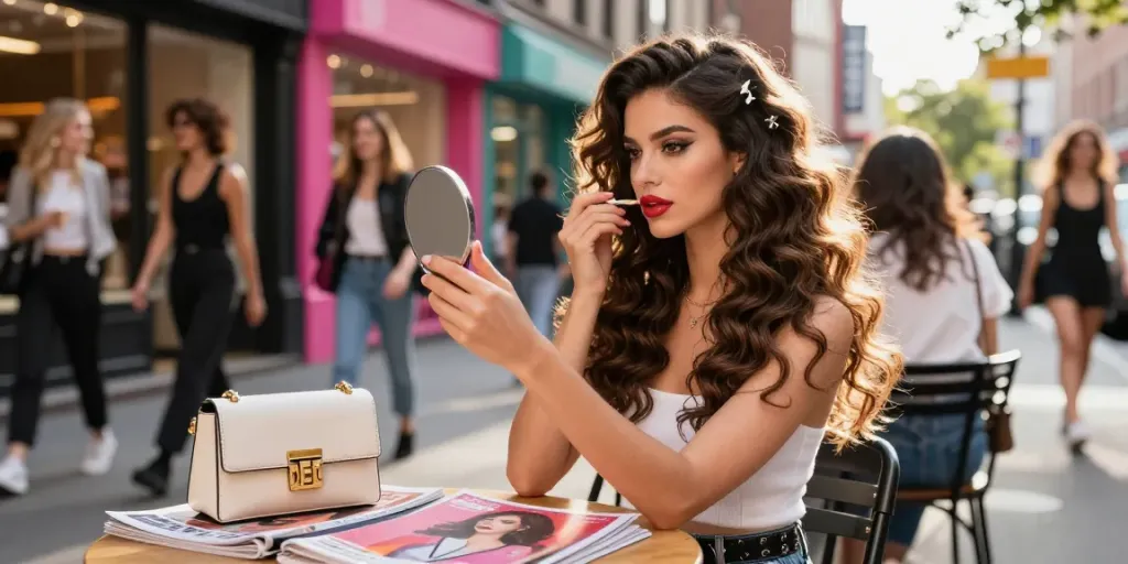 Discover genius clip in hair extensions human hair on a stylish woman in an urban setting applying makeup.