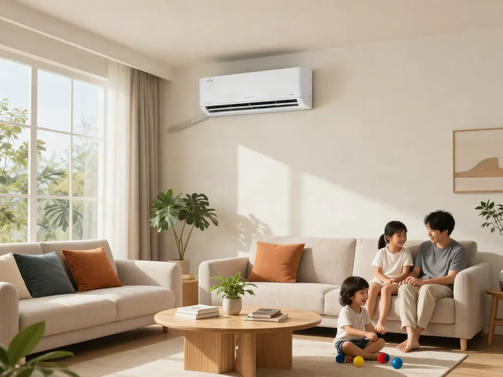 Family enjoying comfort of mini split AC unit in stylish living room