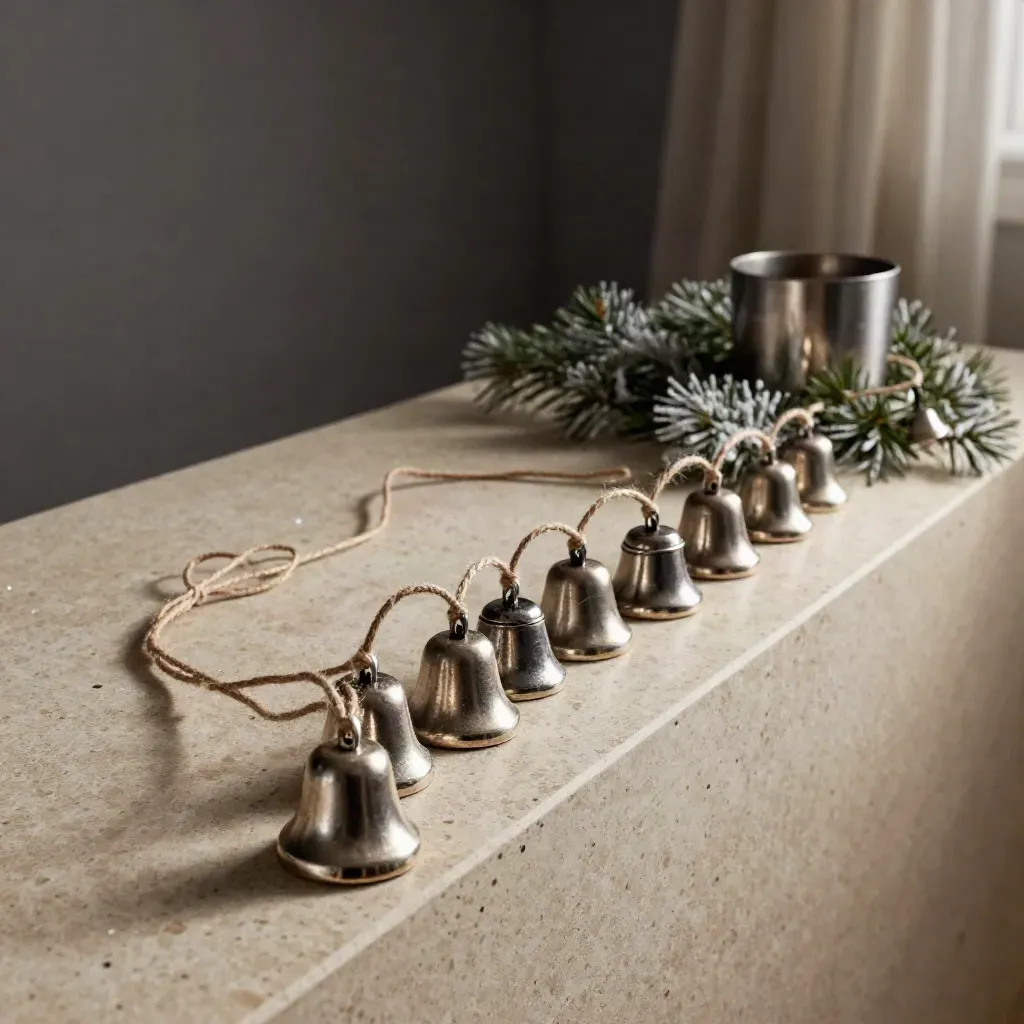 Silver bell garland draped over a pale stone ledge with winter bokeh glow.