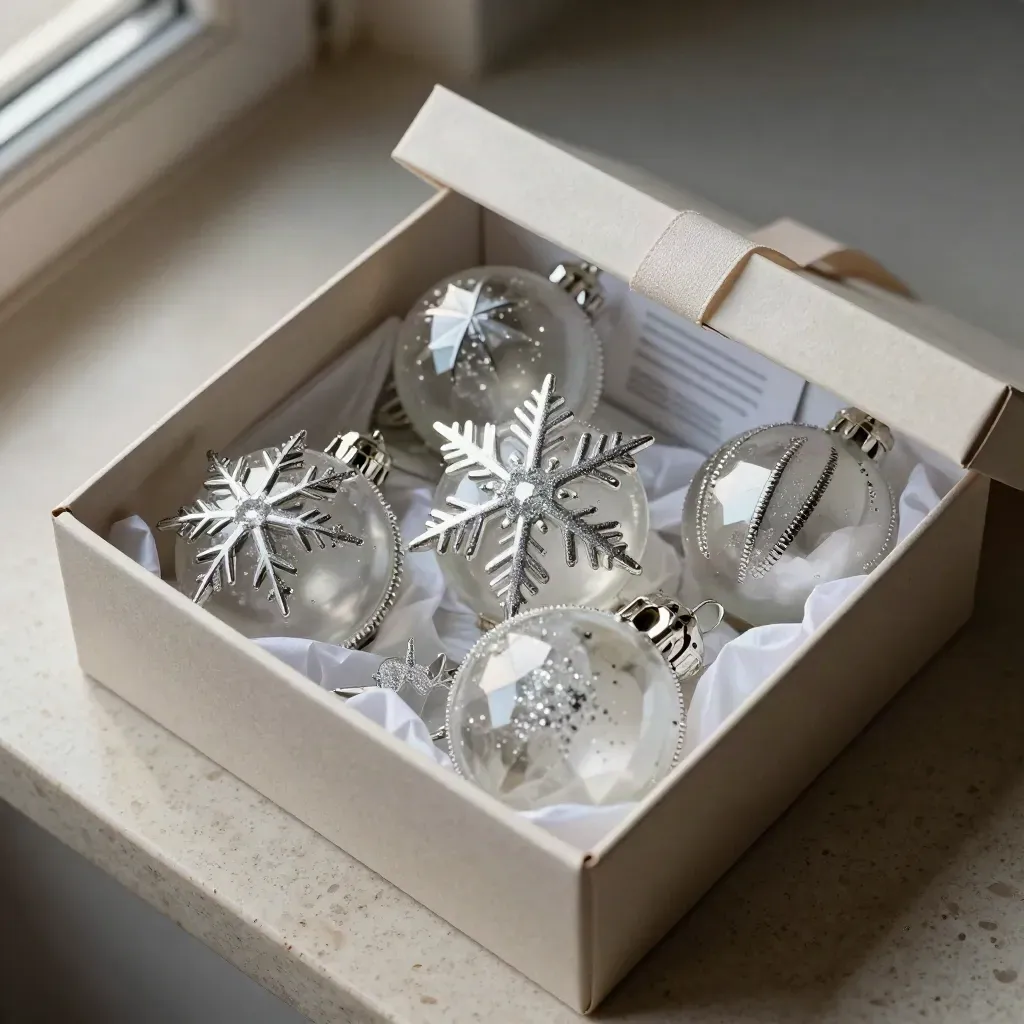 Open ornament box with glass snowflakes in tissue on travertine.
