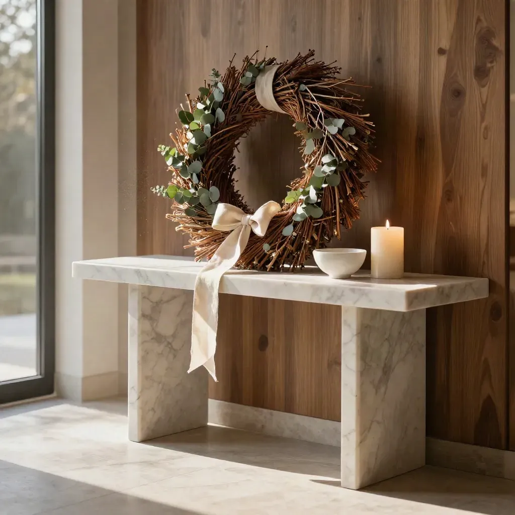 Winter wreath on a sunlit marble console in a bright, calm entry.